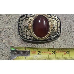 Vtg Western Made Red Carneliann Stone Inlaid Belt Buckle Gold Color